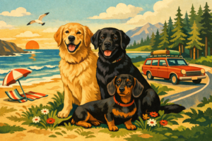 Strand, skog och bilresa med hundmotiv - blog image about hundmotiv vintage stil