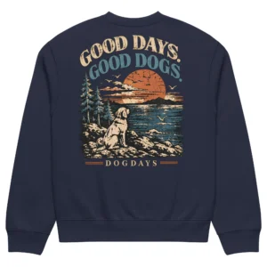 Marinblå crewneck med Golden Retriever-design, bakifrån – Sunsets