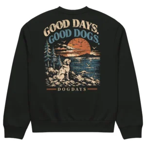 Vintage svart crewneck med Golden Retriever-design, bakifrån – Sunsets