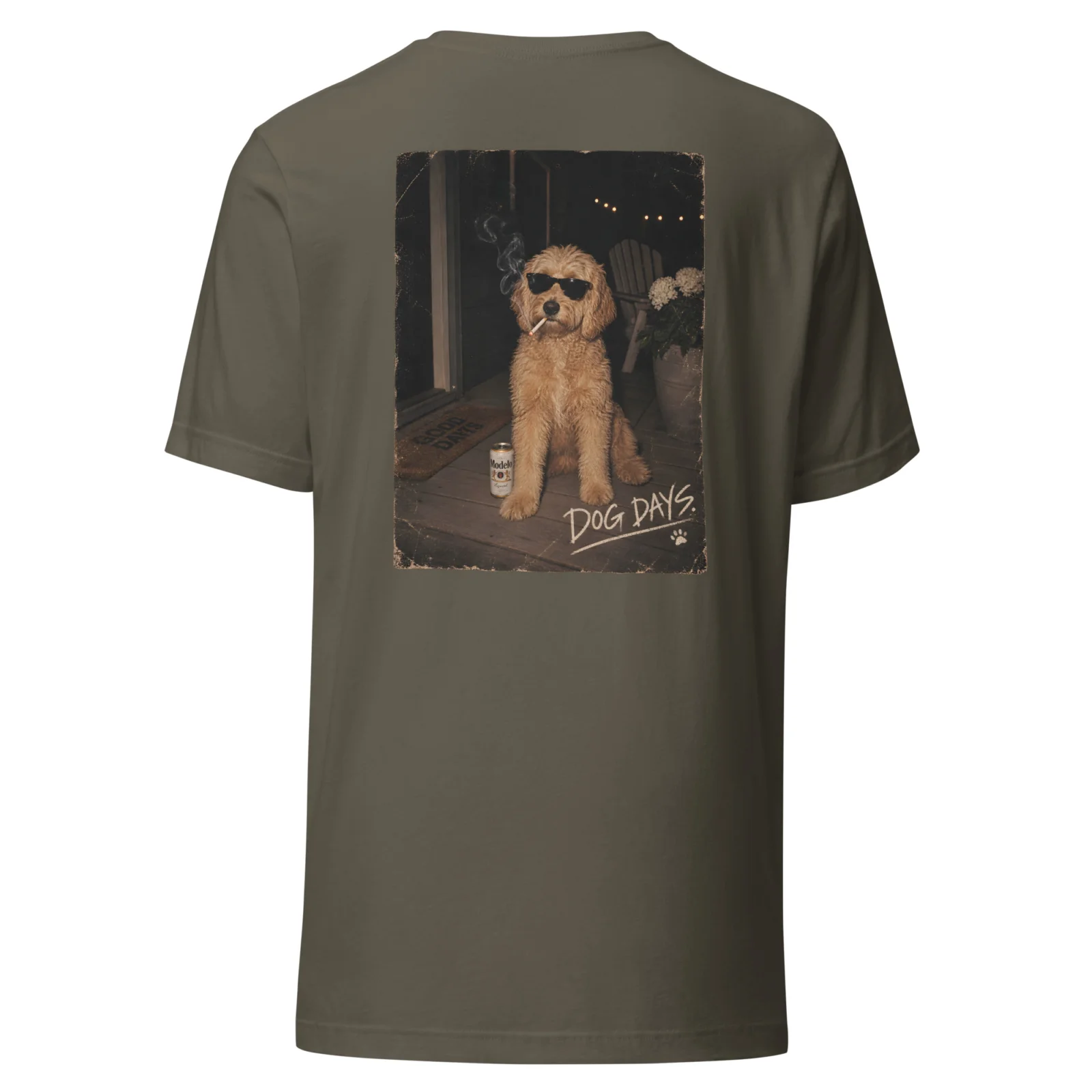 Militärgrön T-shirt med Labradoodle-design, bakifrån – Tough days