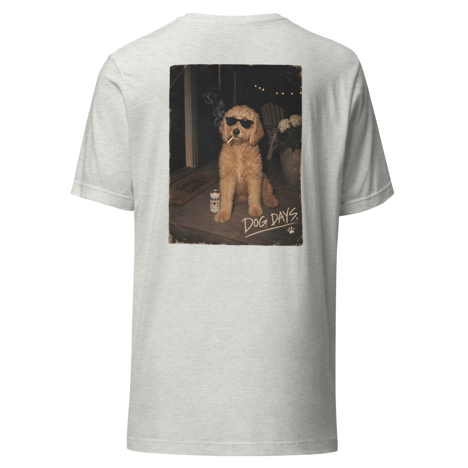 Ljusgrå T-shirt med Labradoodle-design, bakifrån – Tough days