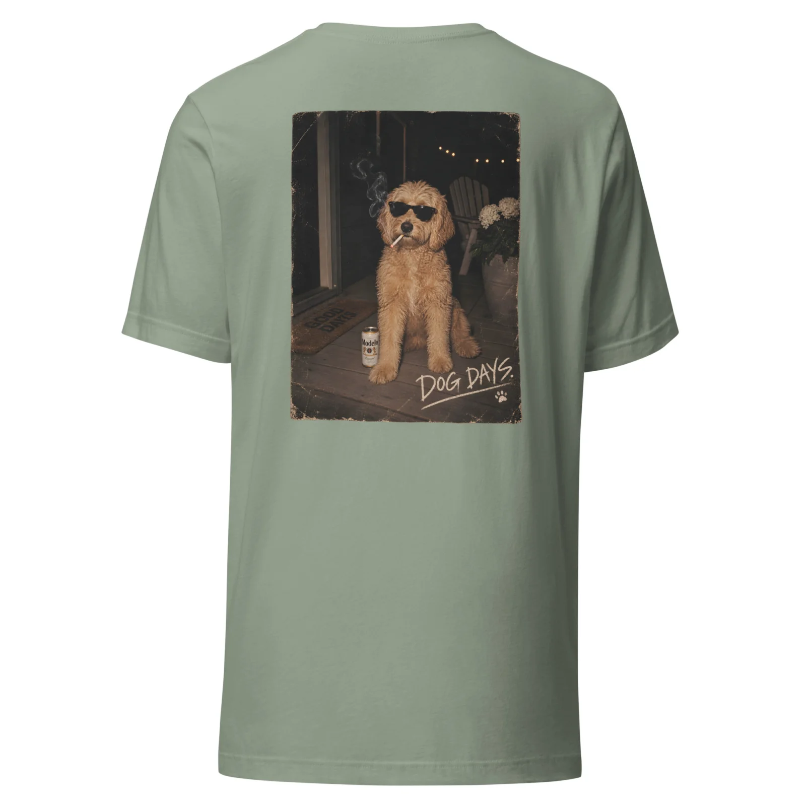 Salviagrön T-shirt med Labradoodle-design, bakifrån – Tough days