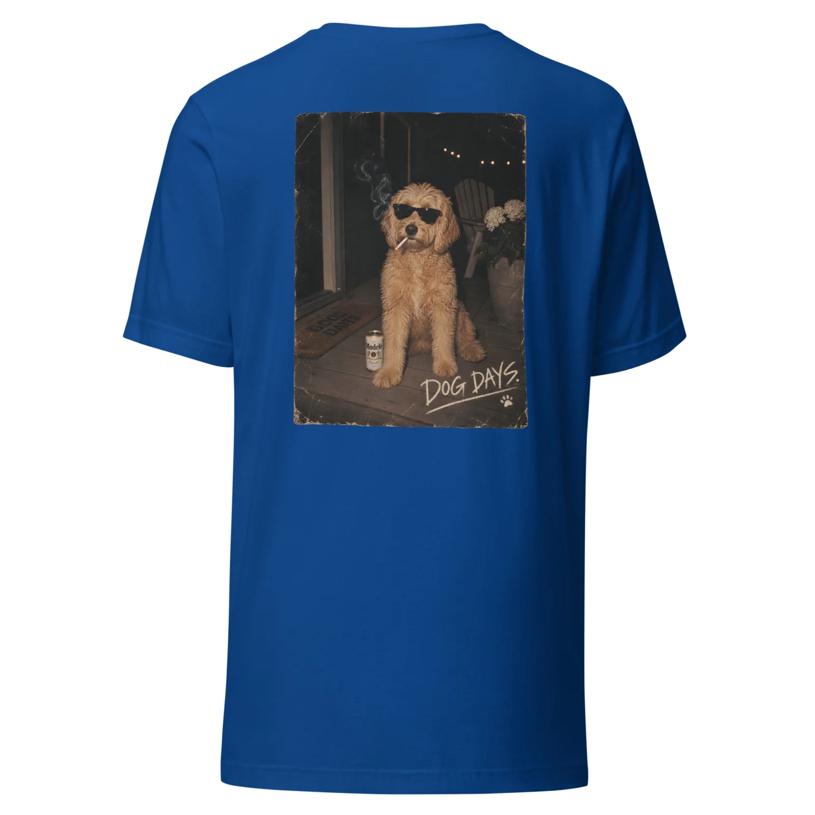 Blå T-shirt med Labradoodle-design, bakifrån – Tough days