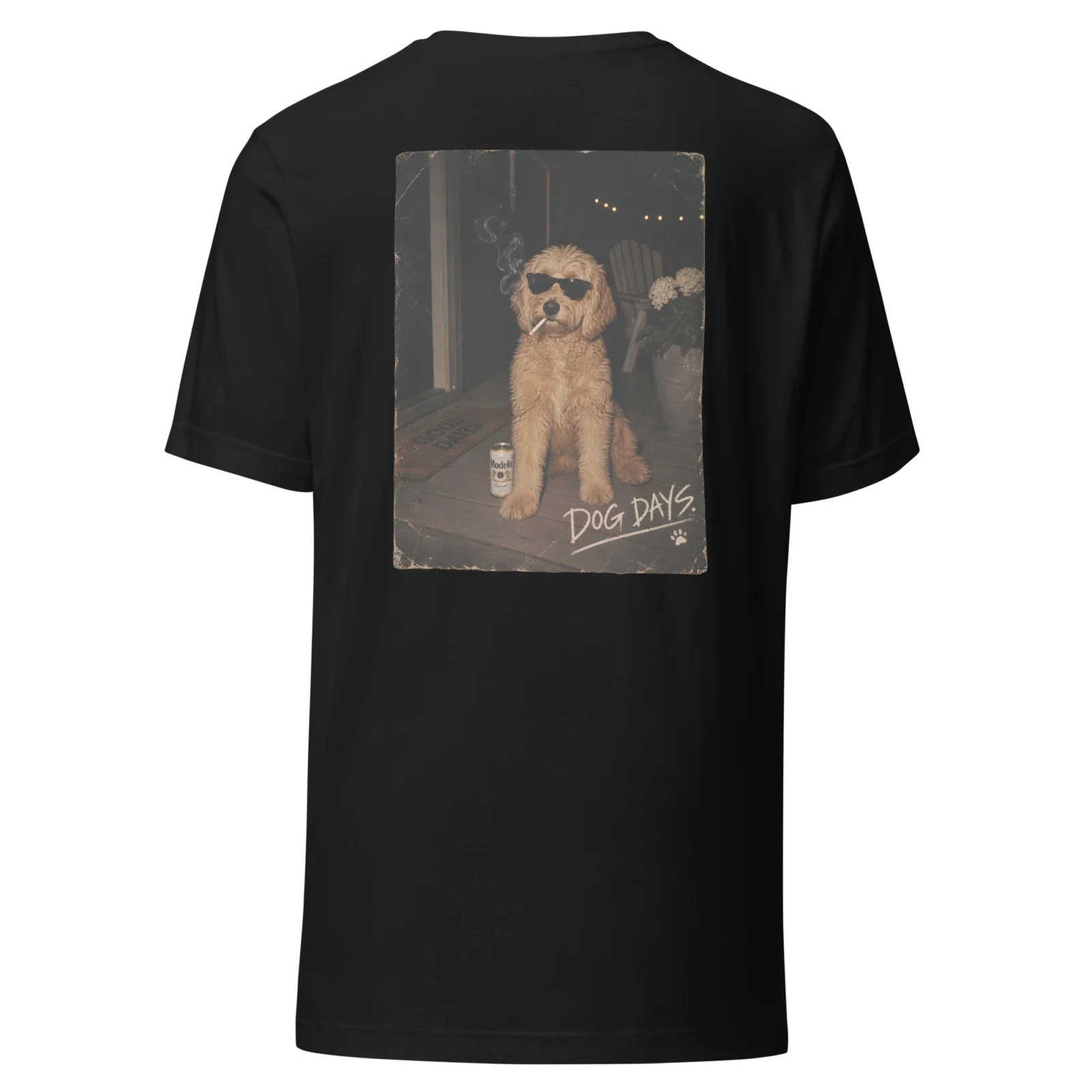 Vintage svart T-shirt med Labradoodle-design, bakifrån – Tough days