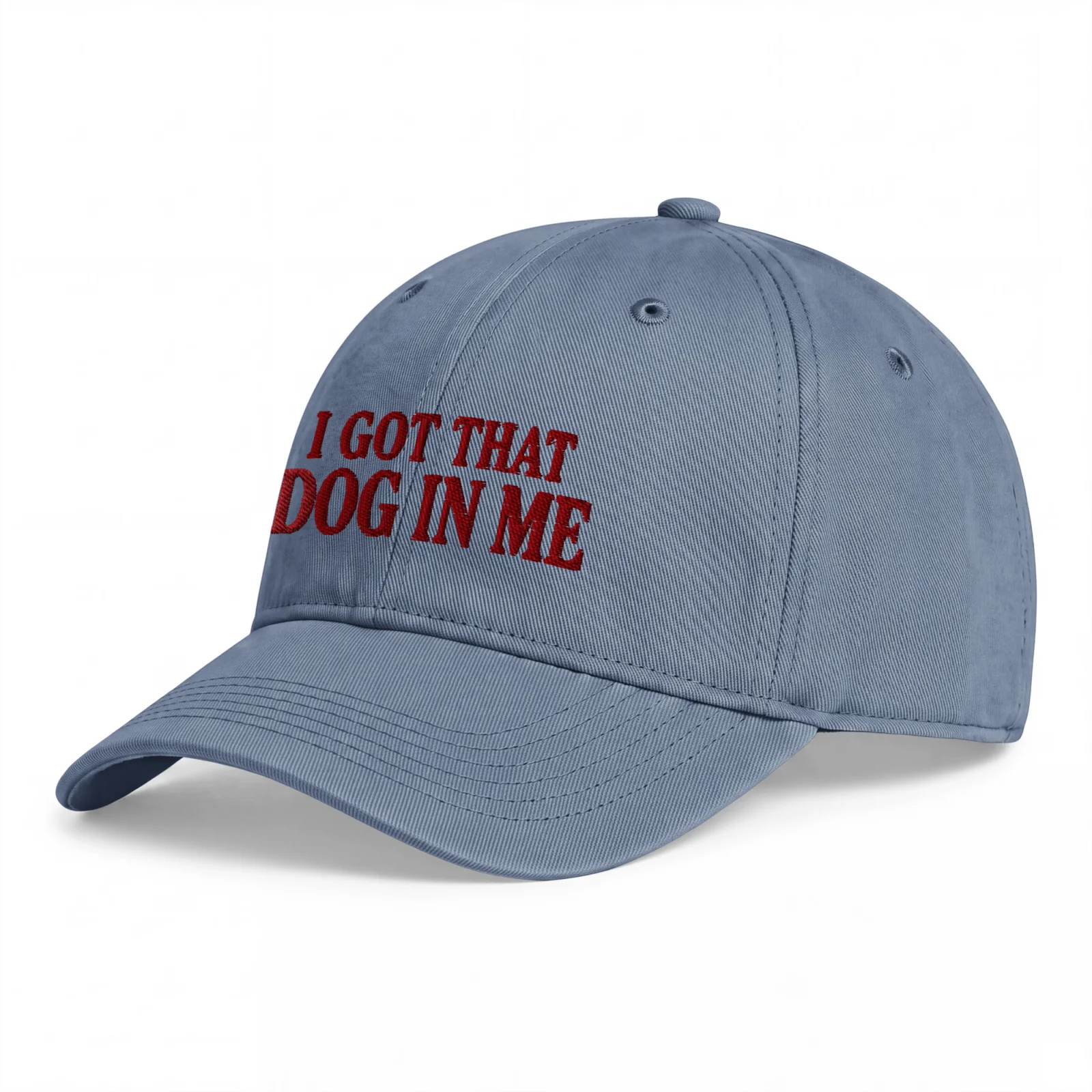 Jeansblå Dad Cap, sedd snett framifrån – Got that dog