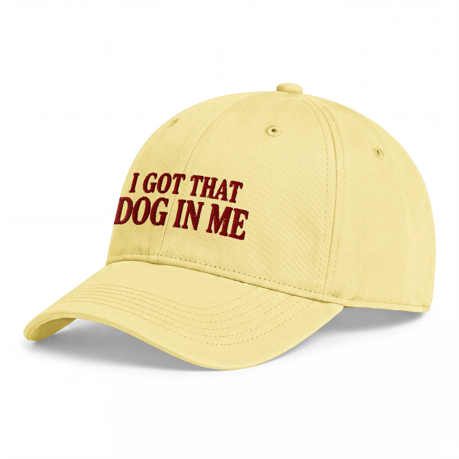 Smörgul Dad Cap, sedd snett framifrån – Got that dog