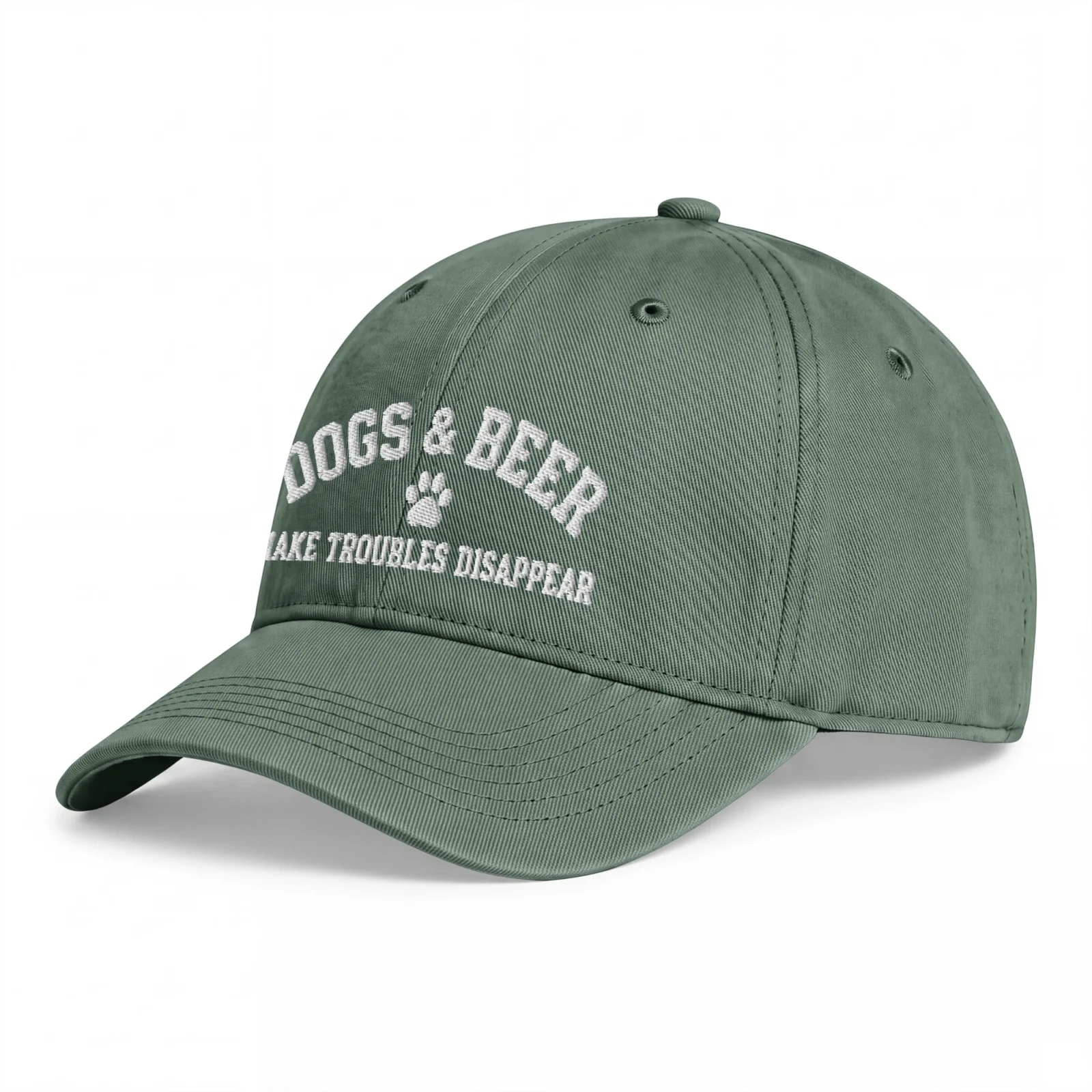 Mossgrön Dad Cap, sedd snett framifrån – Dogs and beer