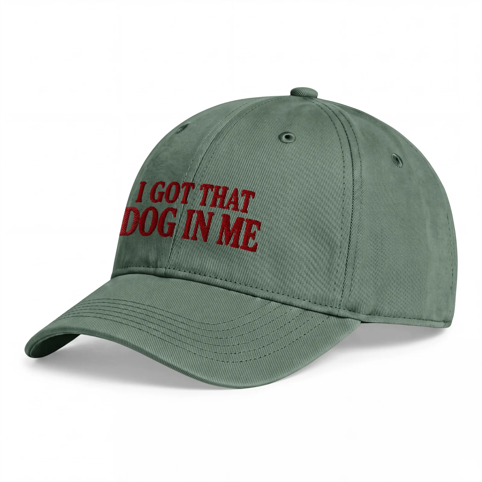 Mossgrön Dad Cap, sedd snett framifrån – Got that dog