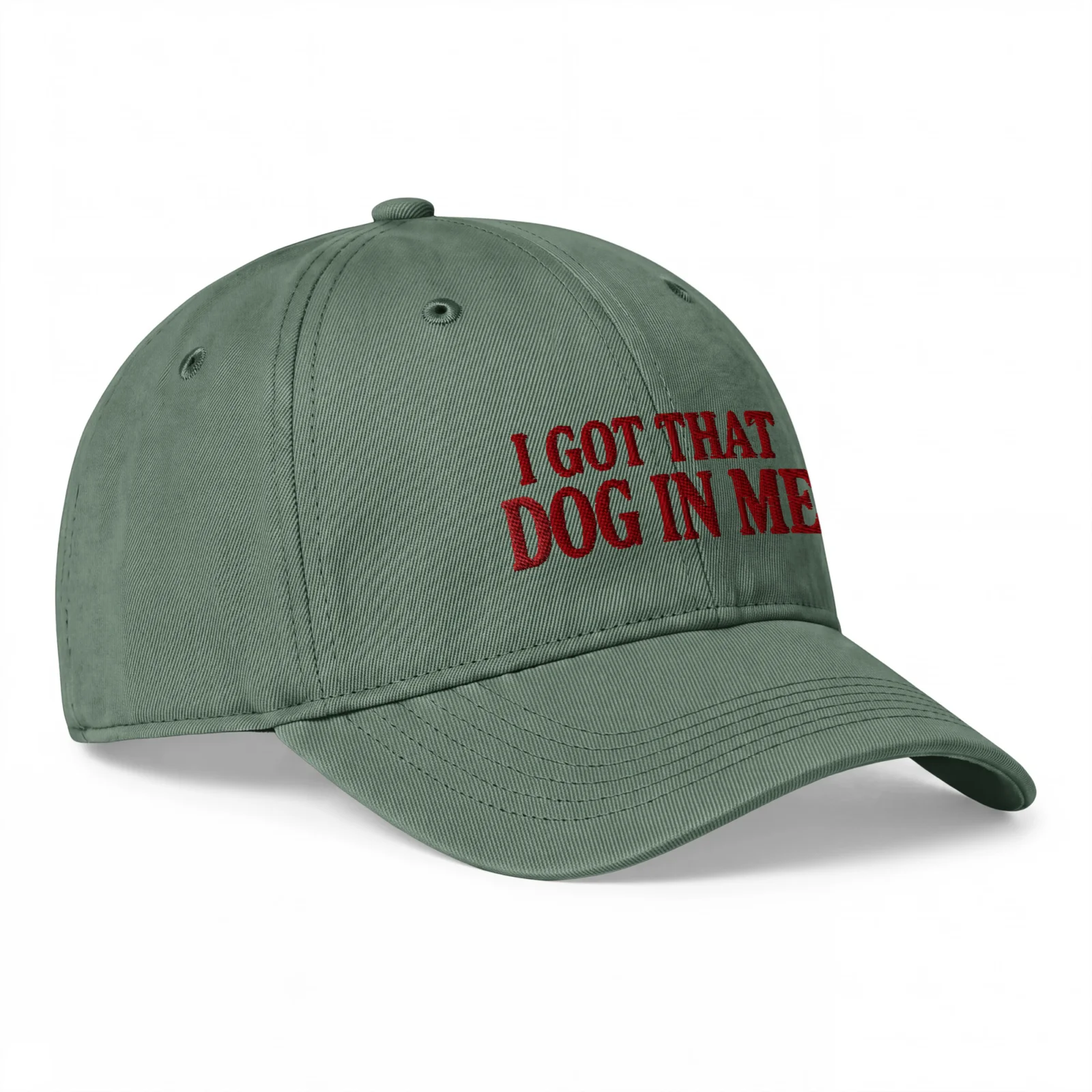 Mossgrön Dad Cap, sedd snett framifrån – Got that dog