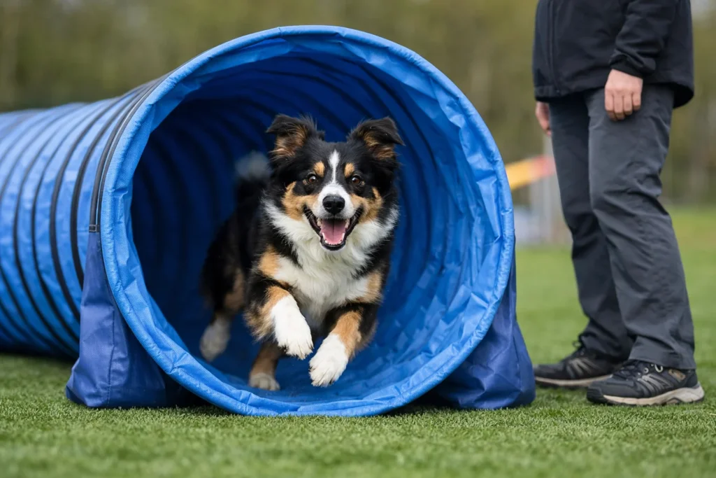 Lär hunden springa genom agilitytunnel – hundträning
