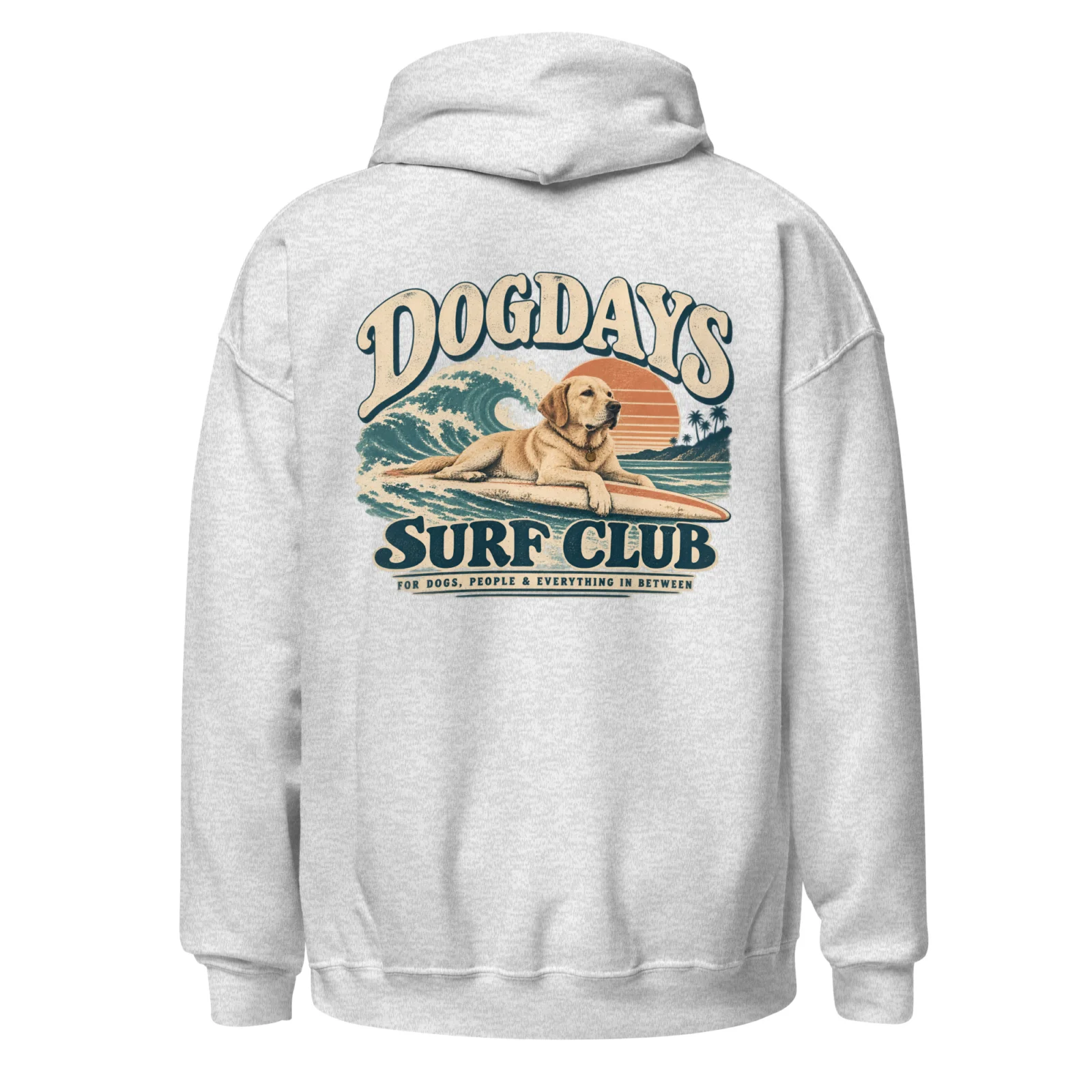 Ljusgrå hoodie med Labrador-design, bakifrån – Surf Club
