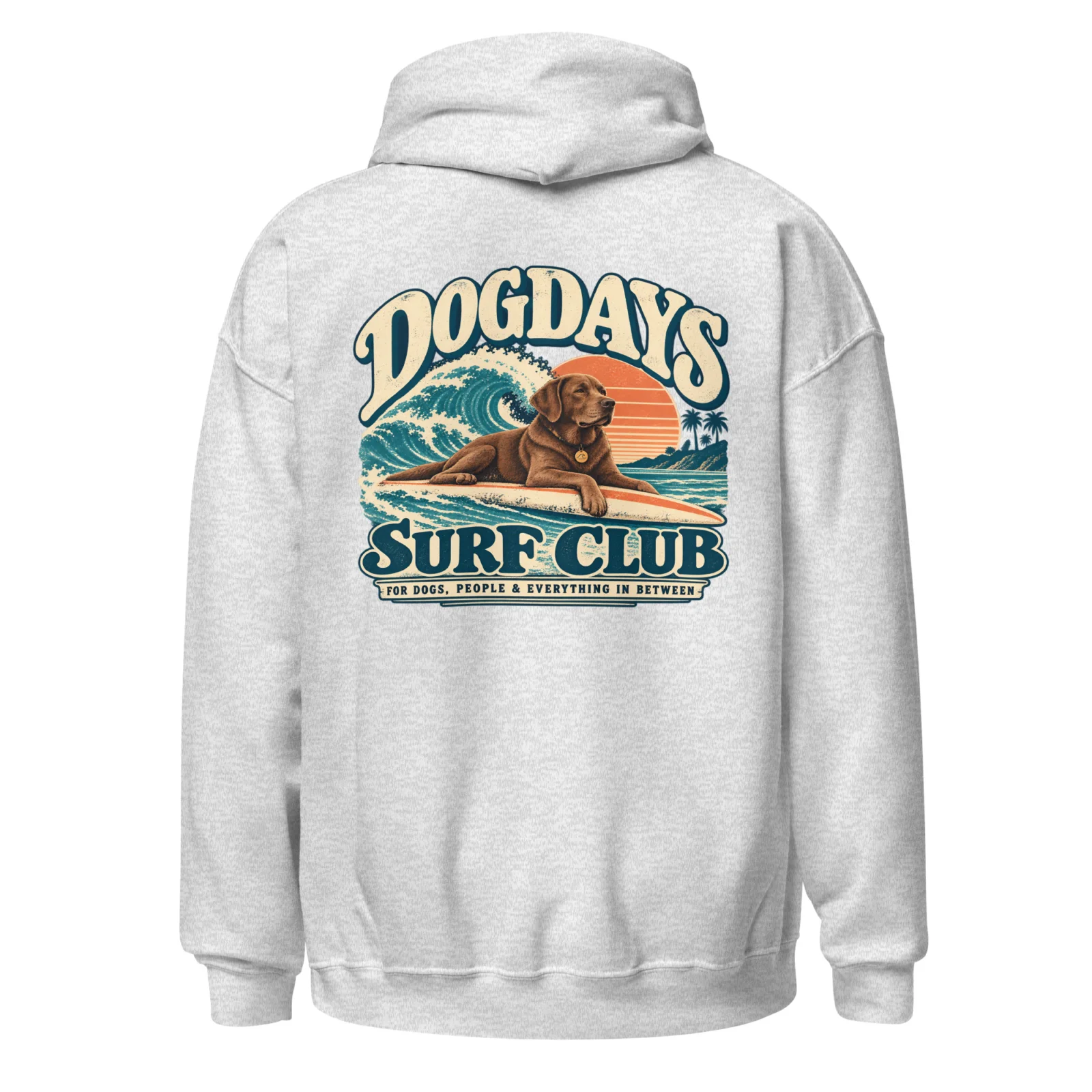 Ljusgrå hoodie med Labrador-design, bakifrån – Surf Club