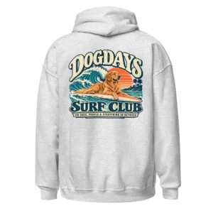 Ljusgrå hoodie med Golden Retriever-design, bakifrån – Surf Club