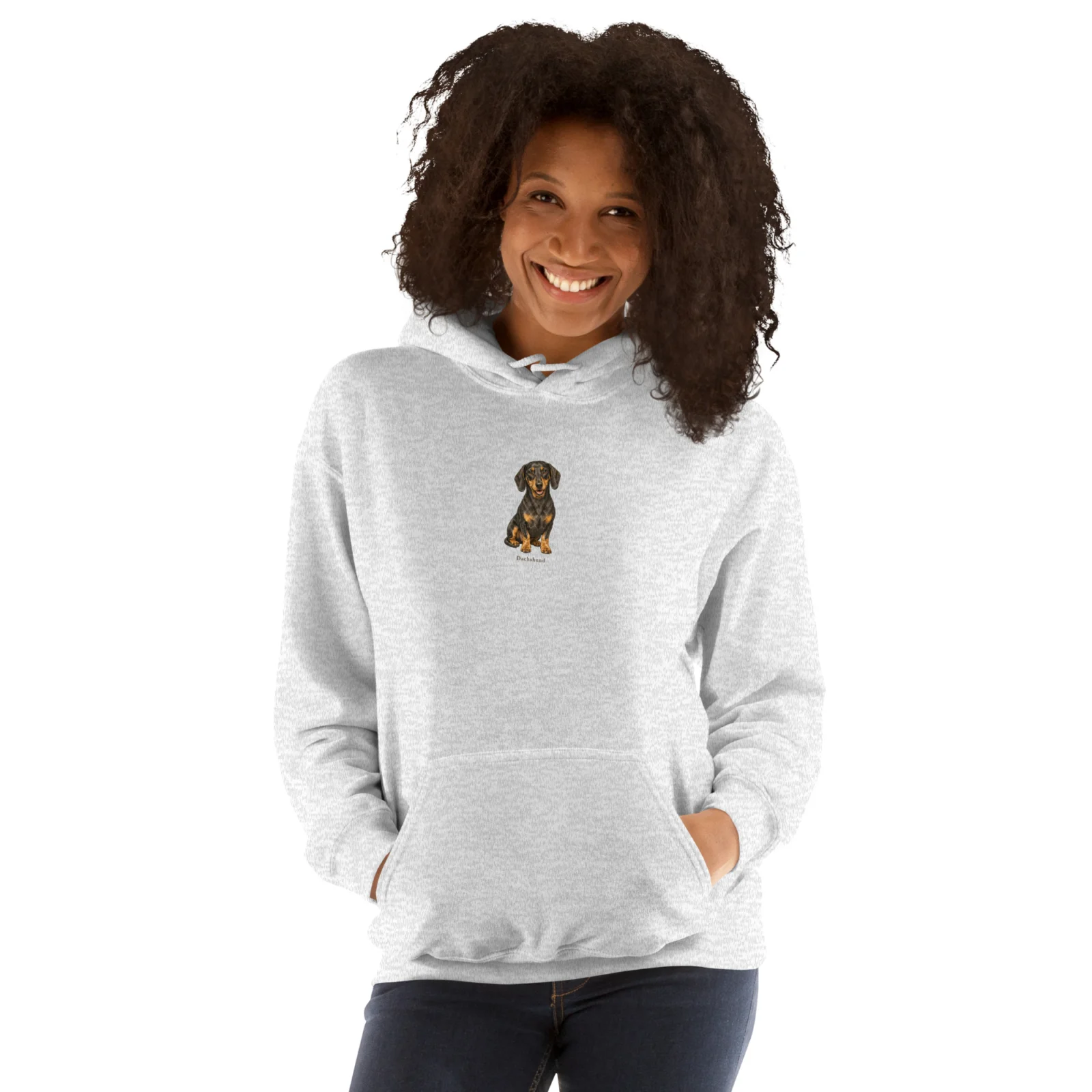 Ljusgrå hoodie med taxdesign, framifrån