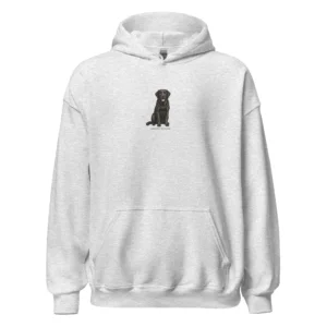Ljusgrå hoodie med Labrador-design, framifrån – Svart Labrador