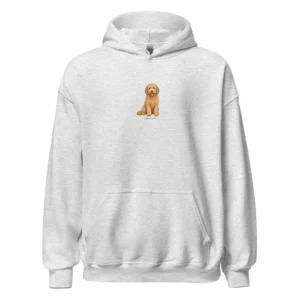 Ljusgrå hoodie med Labradoodle-design, framifrån – Ljusbrun Labradoodle