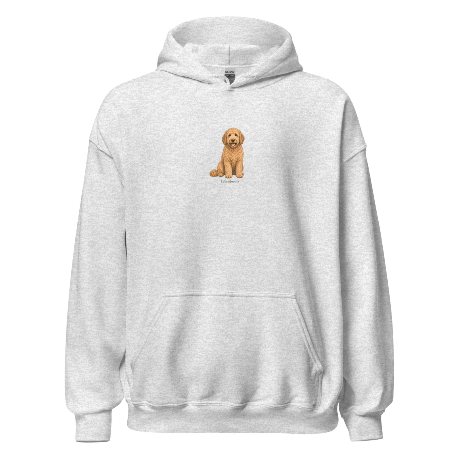 Ljusgrå hoodie med Labradoodle-design, framifrån – Ljusbrun Labradoodle