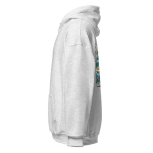 Ljusgrå hoodie med Golden Retriever-design, sedd från sidan – Surf Club