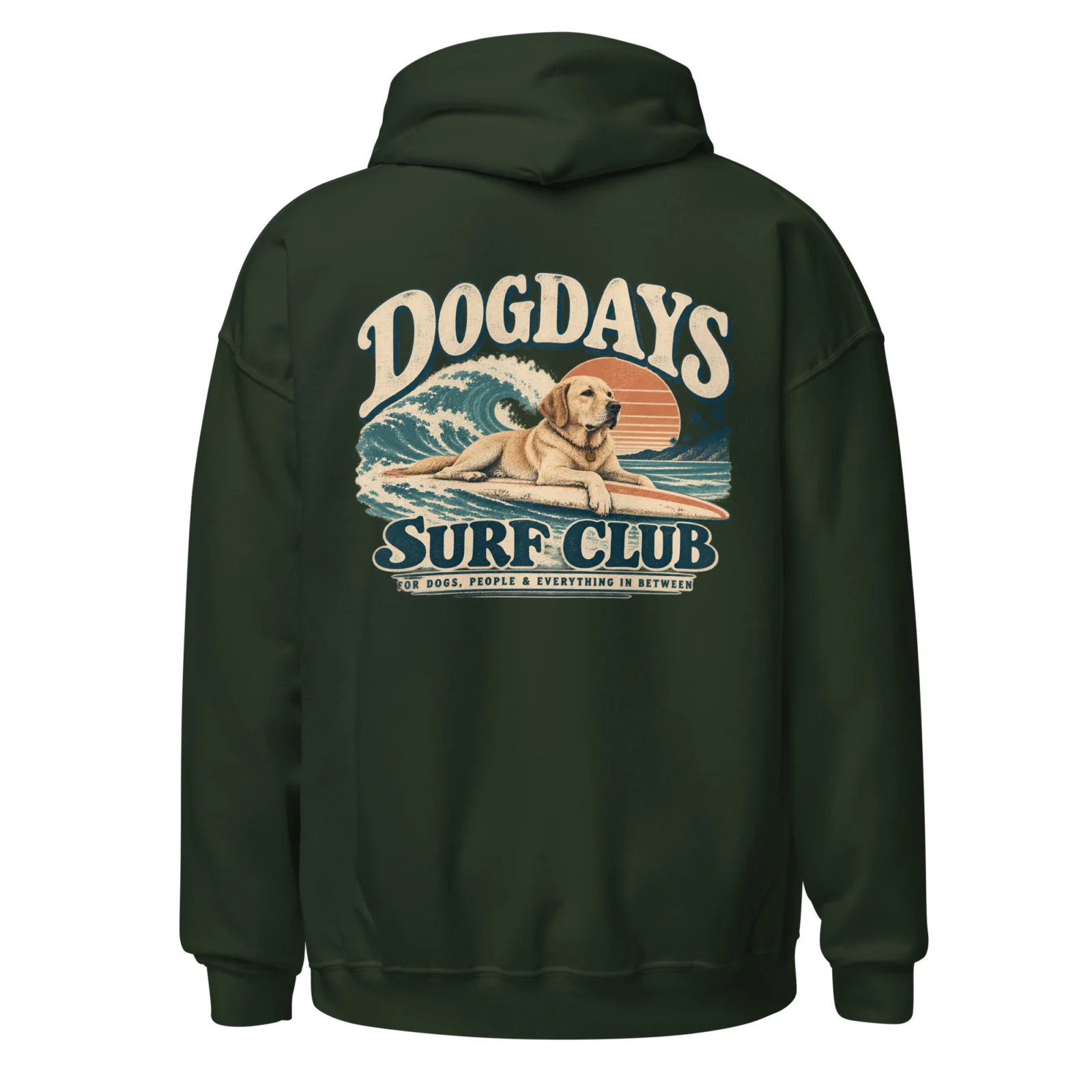 Skogsgrön hoodie med Labrador-design, bakifrån – Surf Club