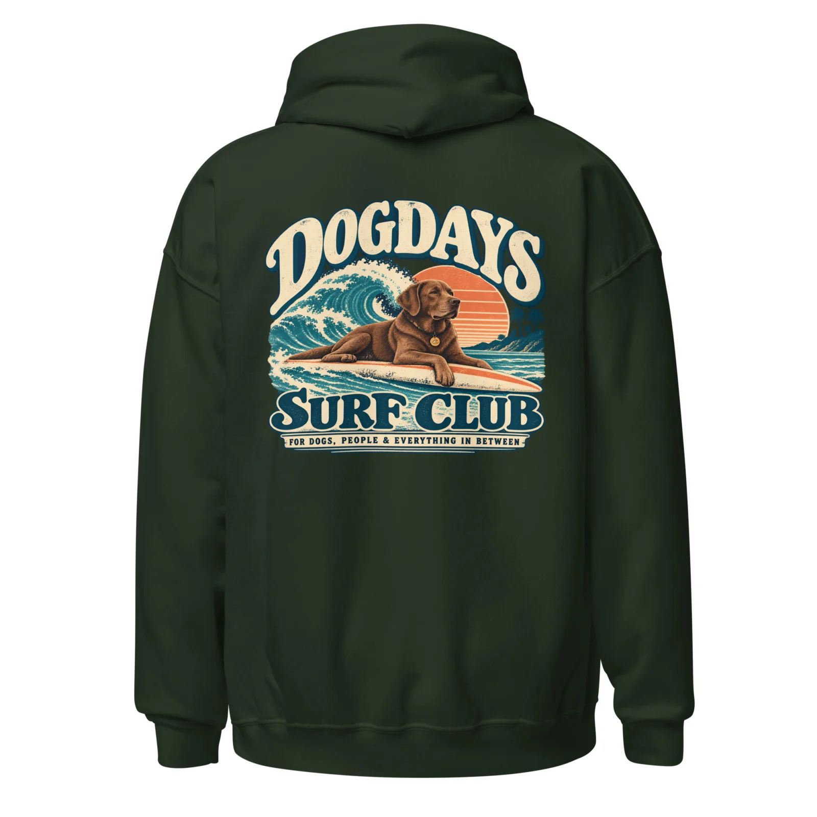 Skogsgrön hoodie med Labrador-design, bakifrån – Surf Club