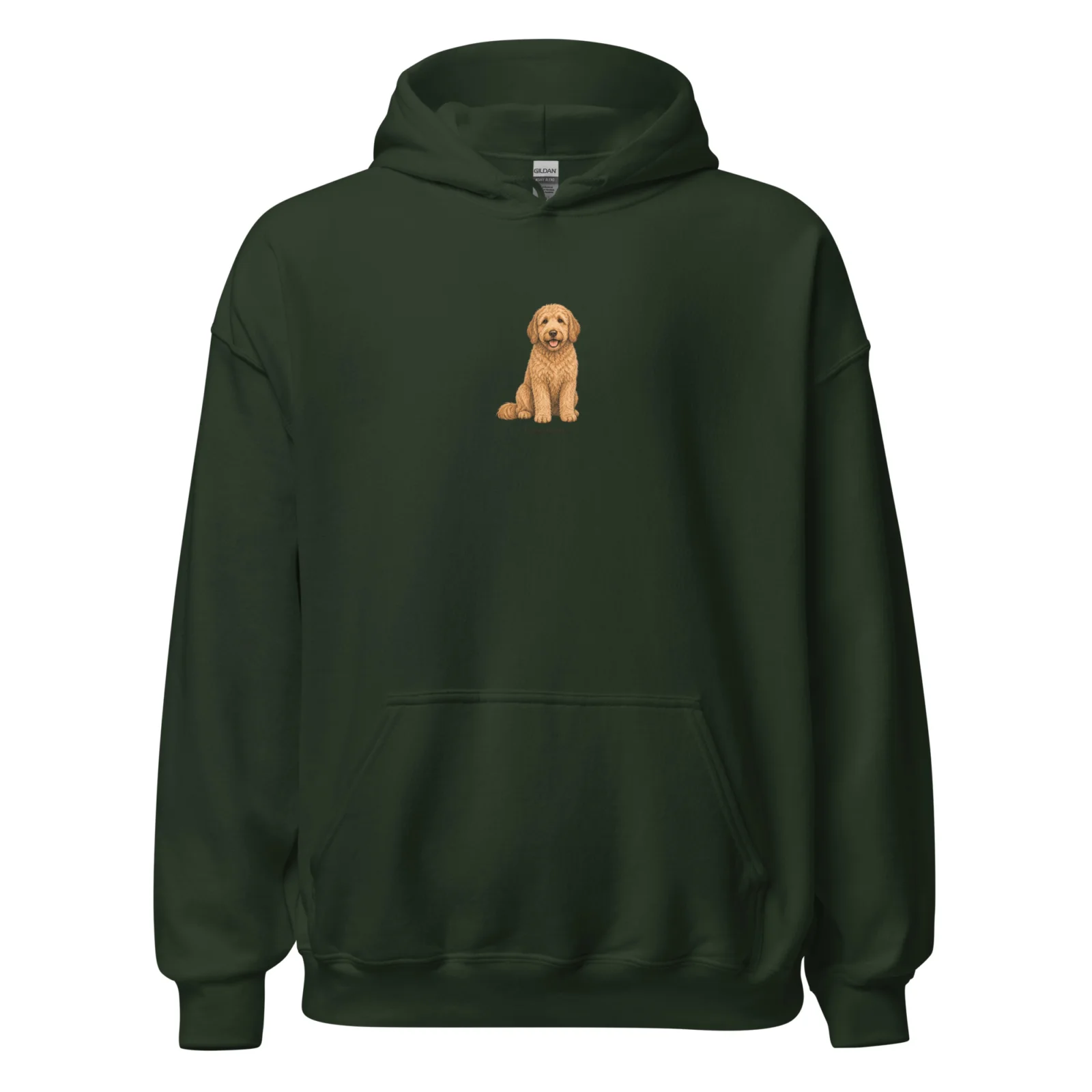 Skogsgrön hoodie med Labradoodle-design, framifrån – Ljusbrun Labradoodle