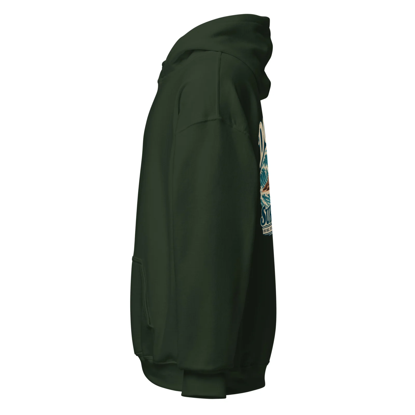 Skogsgrön hoodie med Labrador-design, sedd från sidan – Surf Club