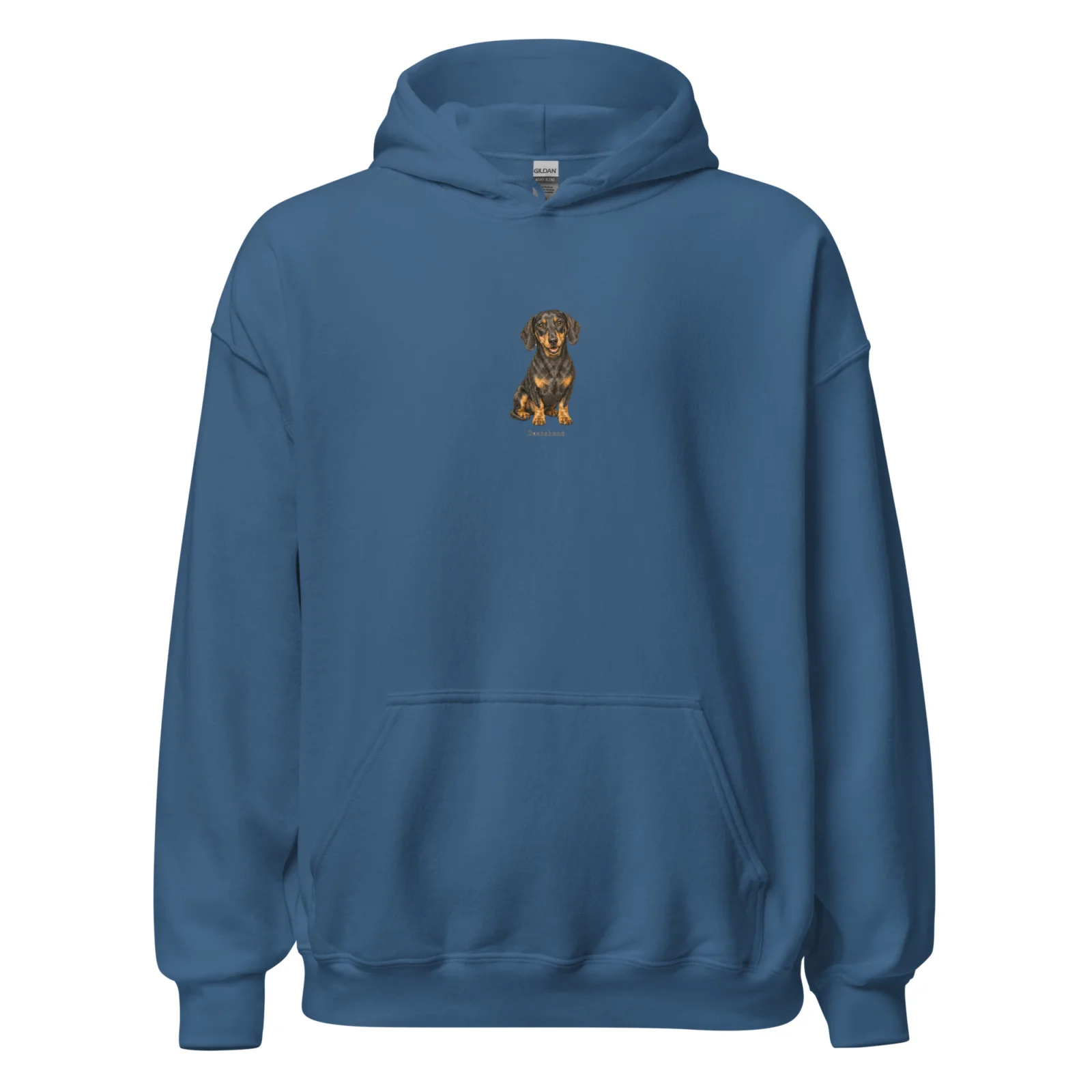 Indigoblå hoodie med taxdesign, framifrån