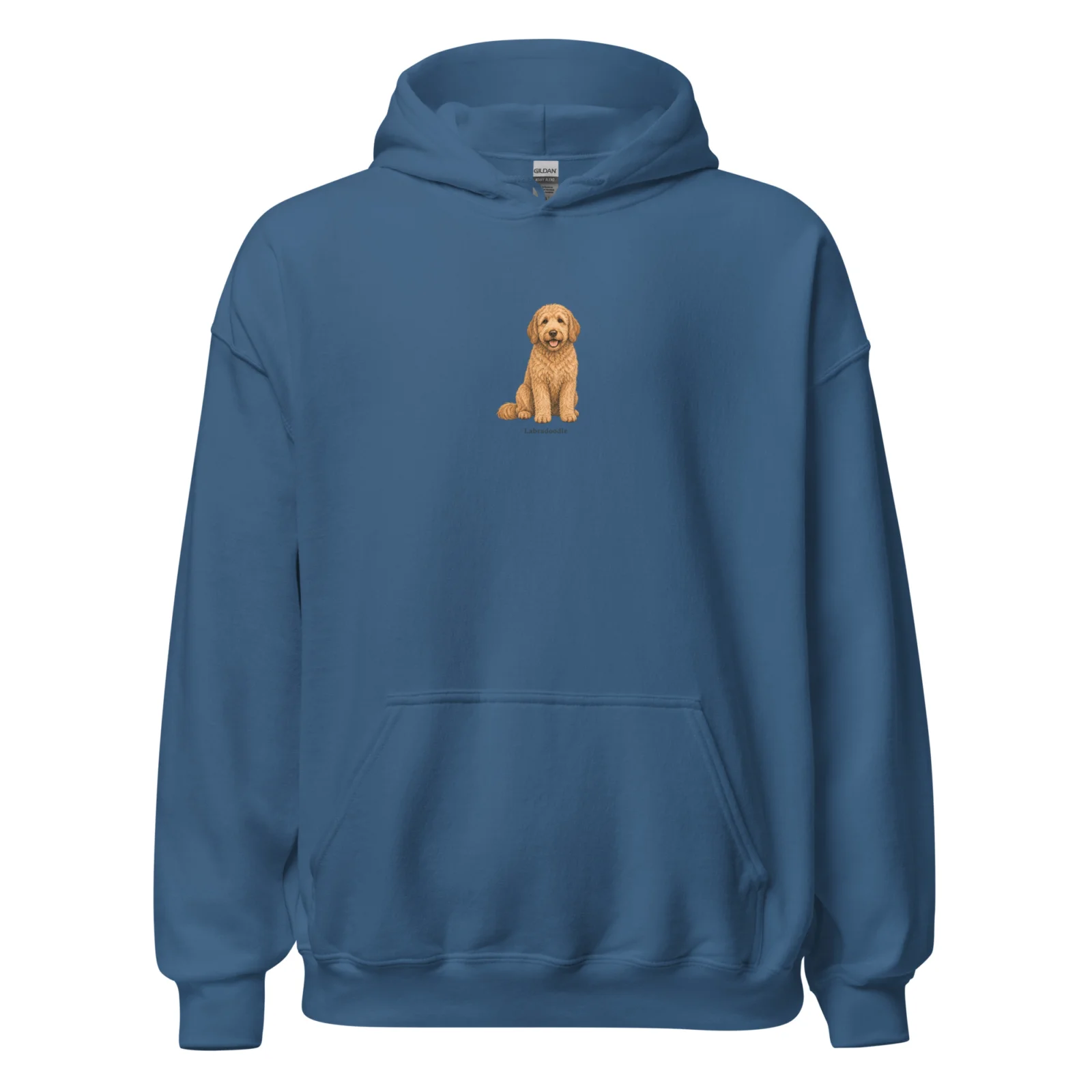 Indigoblå hoodie med Labradoodle-design, framifrån – Ljusbrun Labradoodle