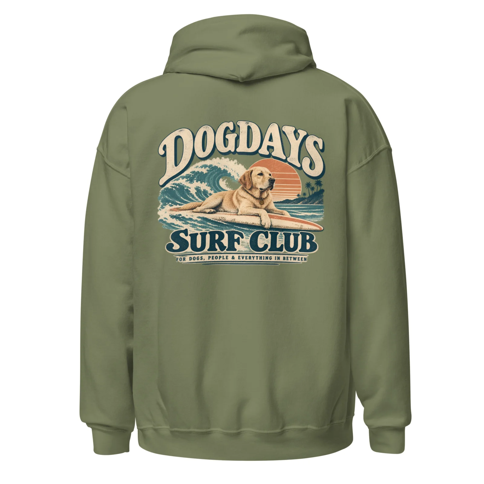 Militärgrön hoodie med Labrador-design, bakifrån – Surf Club