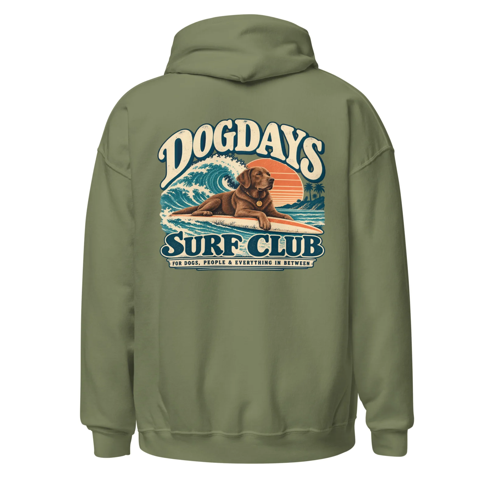Militärgrön hoodie med Labrador-design, bakifrån – Surf Club
