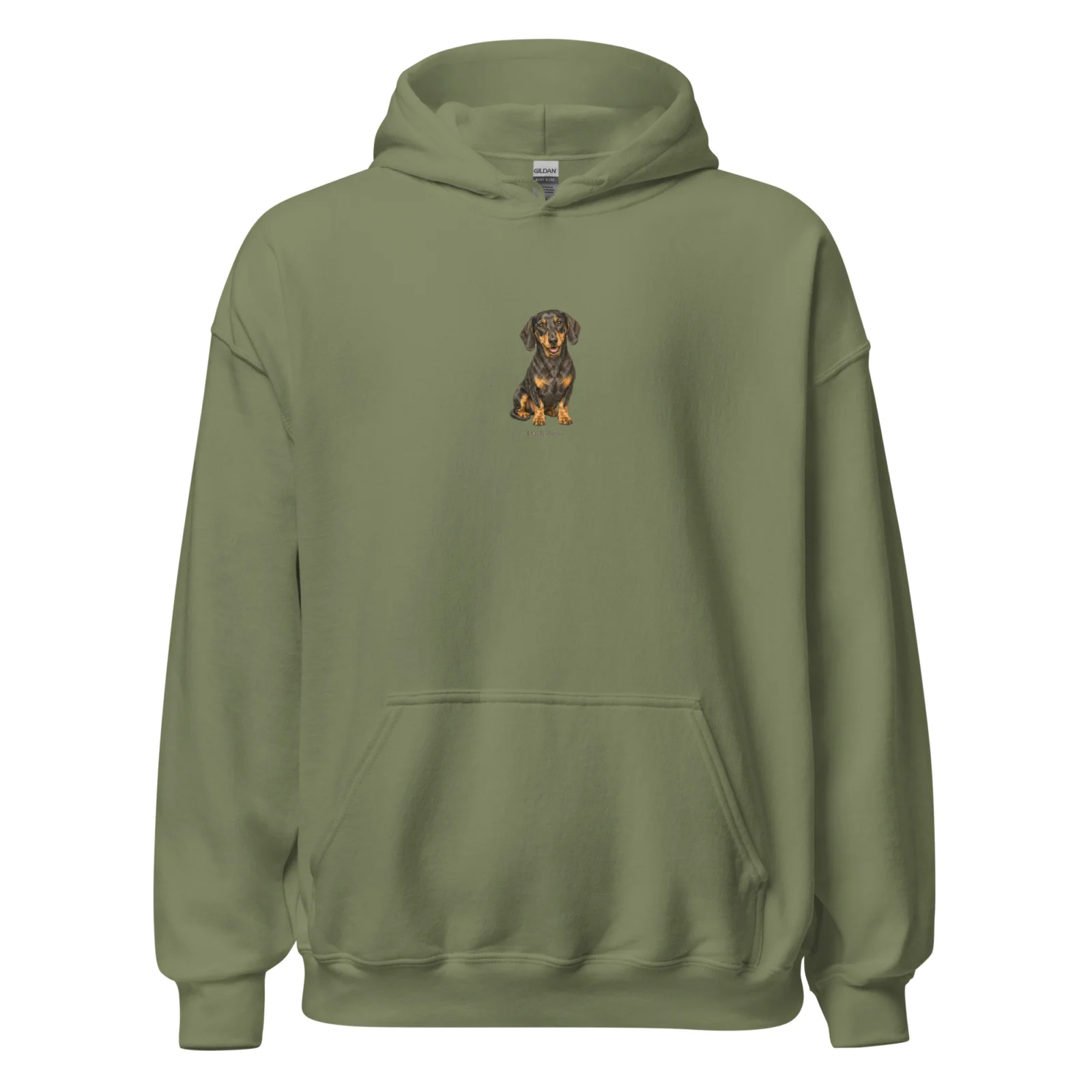 Militärgrön hoodie med taxdesign, framifrån