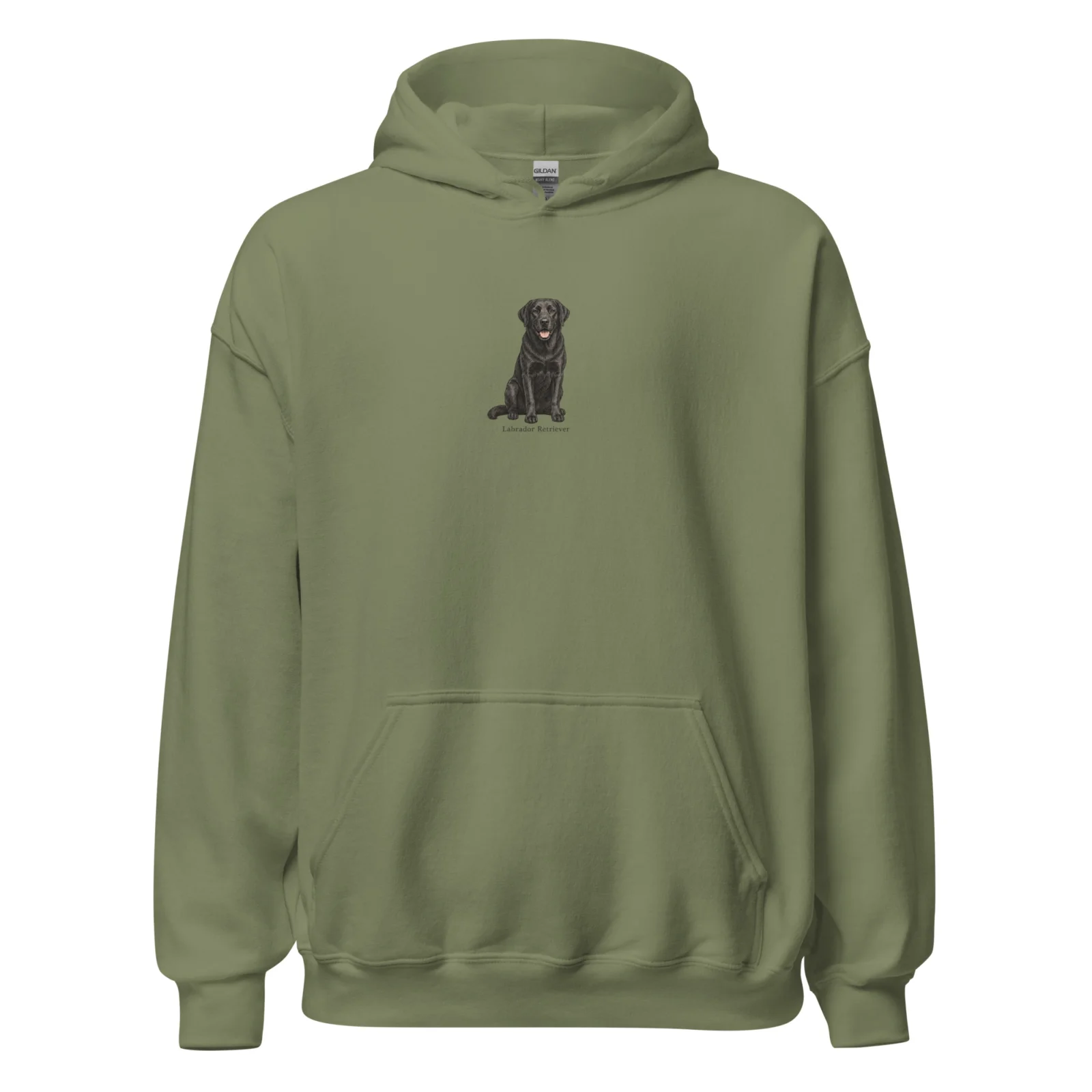 Militärgrön hoodie med Labrador-design, framifrån – Svart Labrador