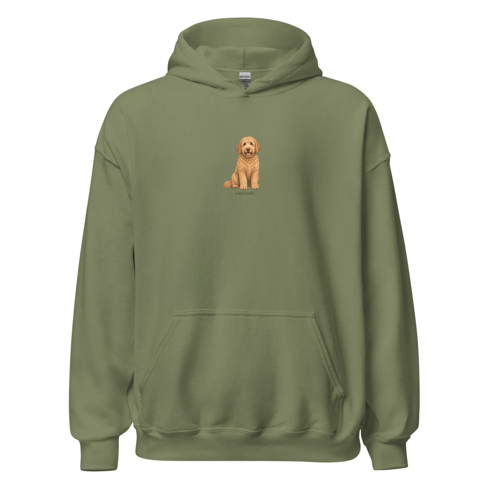 Militärgrön hoodie med Labradoodle-design, framifrån – Ljusbrun Labradoodle