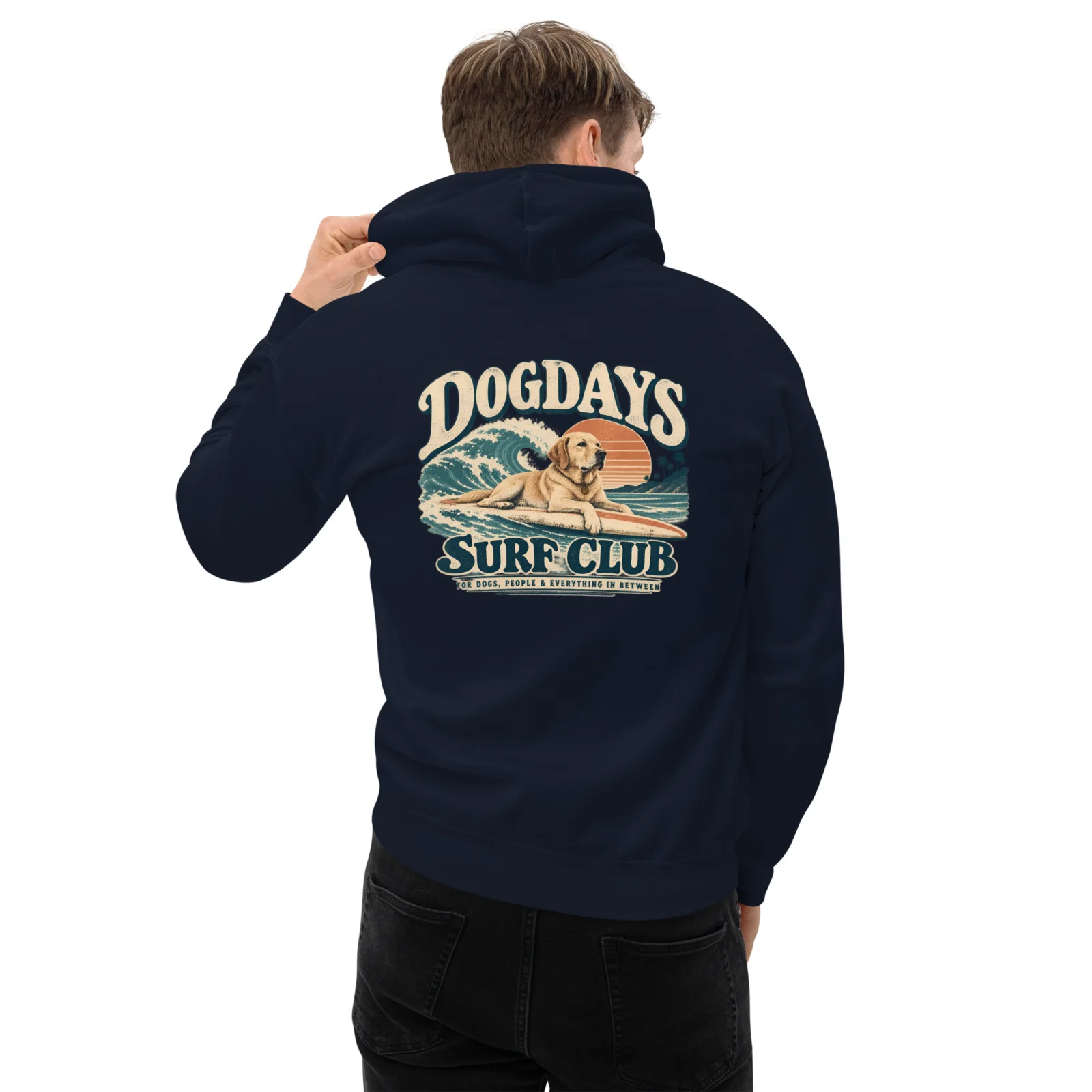 Marinblå hoodie med Labrador-design, bakifrån – Surf Club