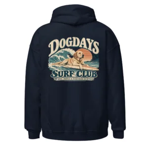 Marinblå hoodie med Labrador-design, bakifrån – Surf Club