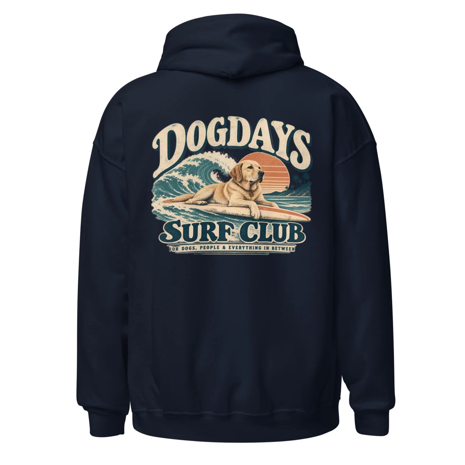 Marinblå hoodie med Labrador-design, bakifrån – Surf Club