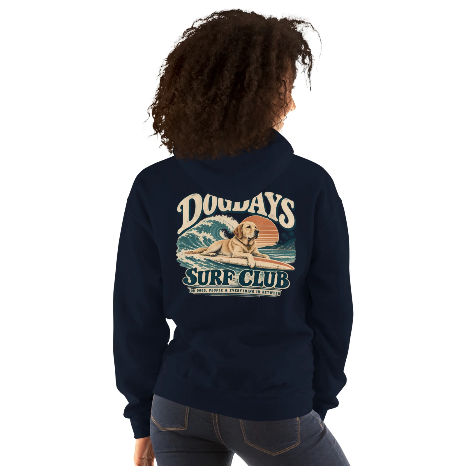 Marinblå hoodie med Labrador-design, bakifrån – Surf Club
