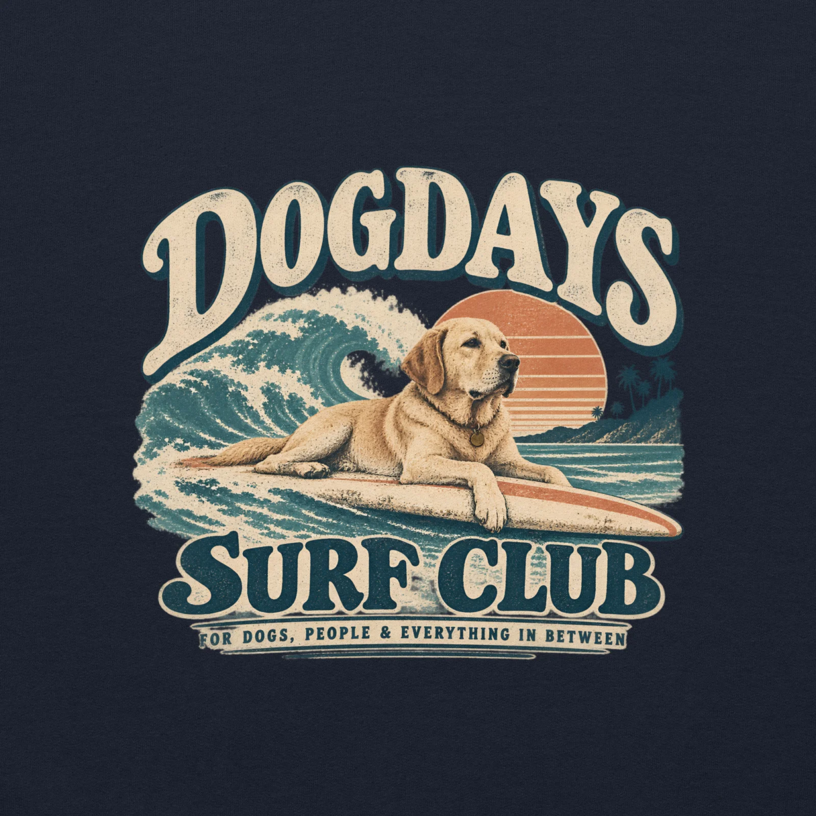 Marinblå hoodie med Labrador-design, bakifrån – Surf Club