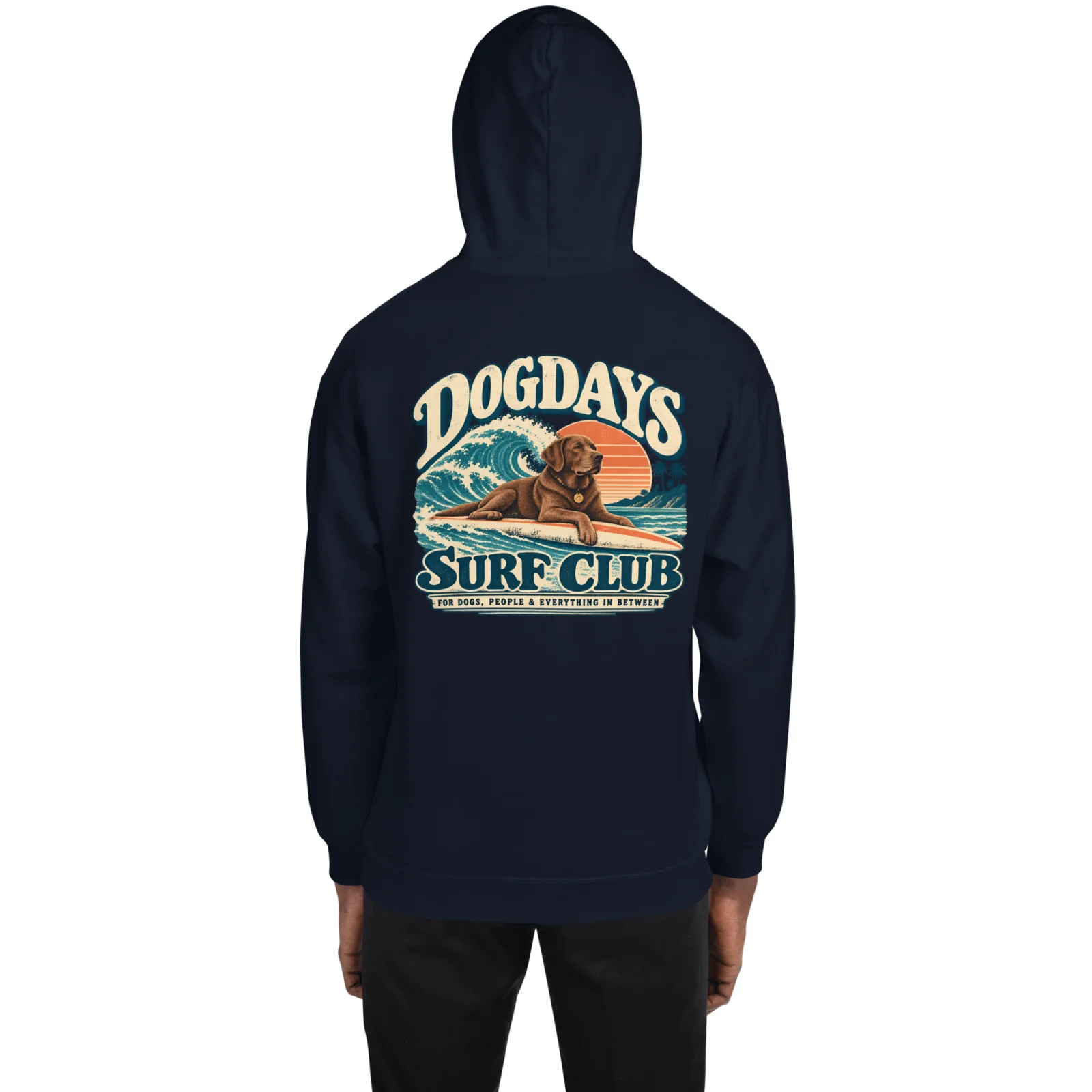 Marinblå hoodie med Labrador-design, bakifrån – Surf Club