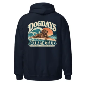 Marinblå hoodie med Labrador-design, bakifrån – Surf Club