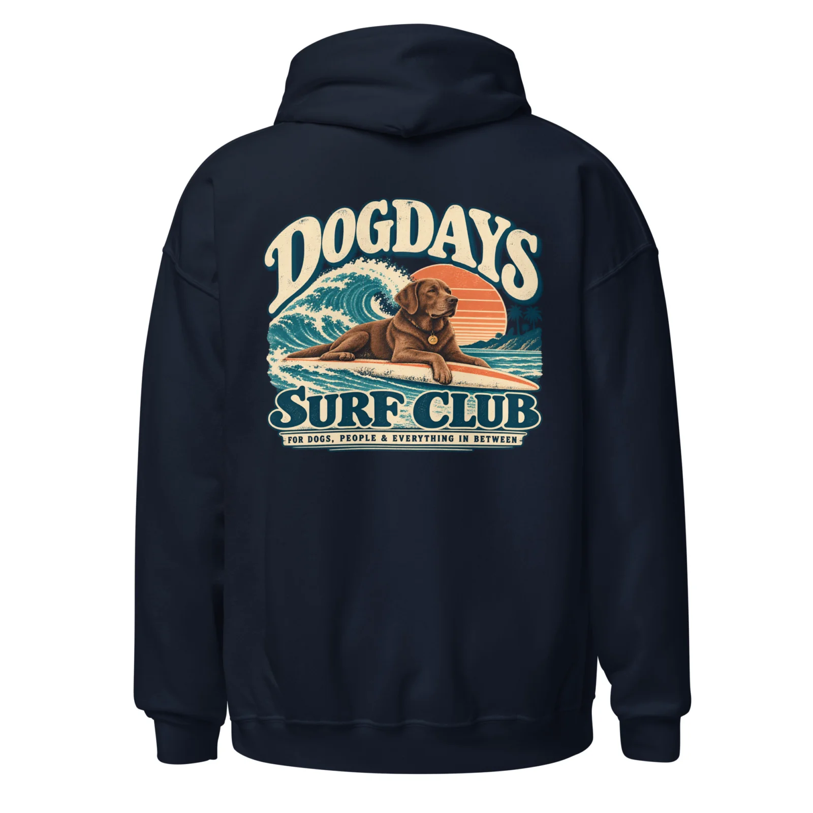 Marinblå hoodie med Labrador-design, bakifrån – Surf Club