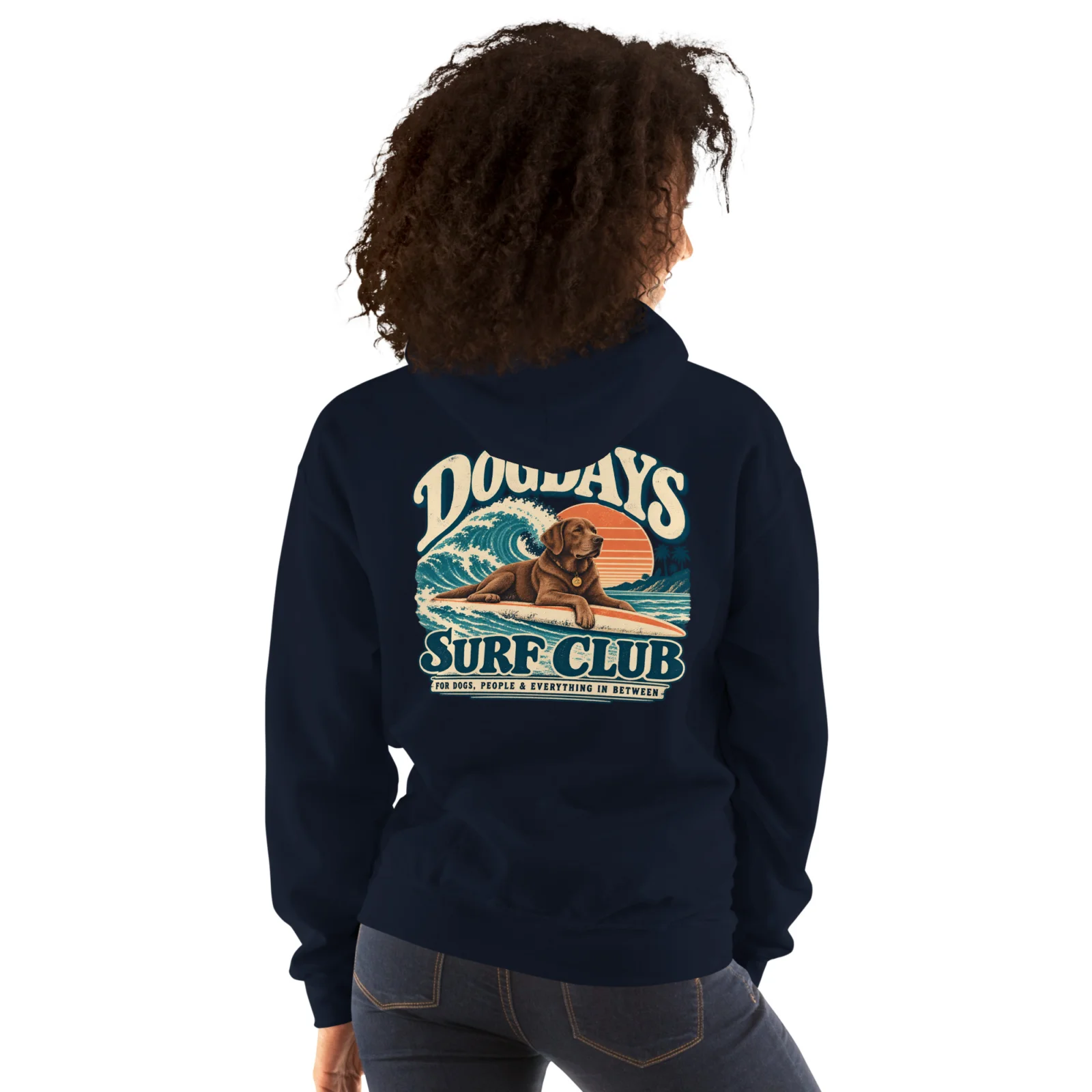 Marinblå hoodie med Labrador-design, bakifrån – Surf Club