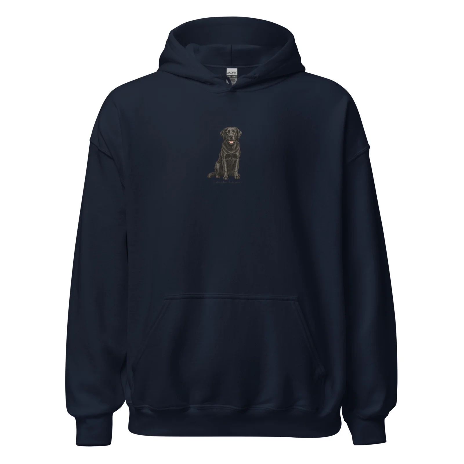 Marinblå hoodie med Labrador-design, framifrån – Svart Labrador