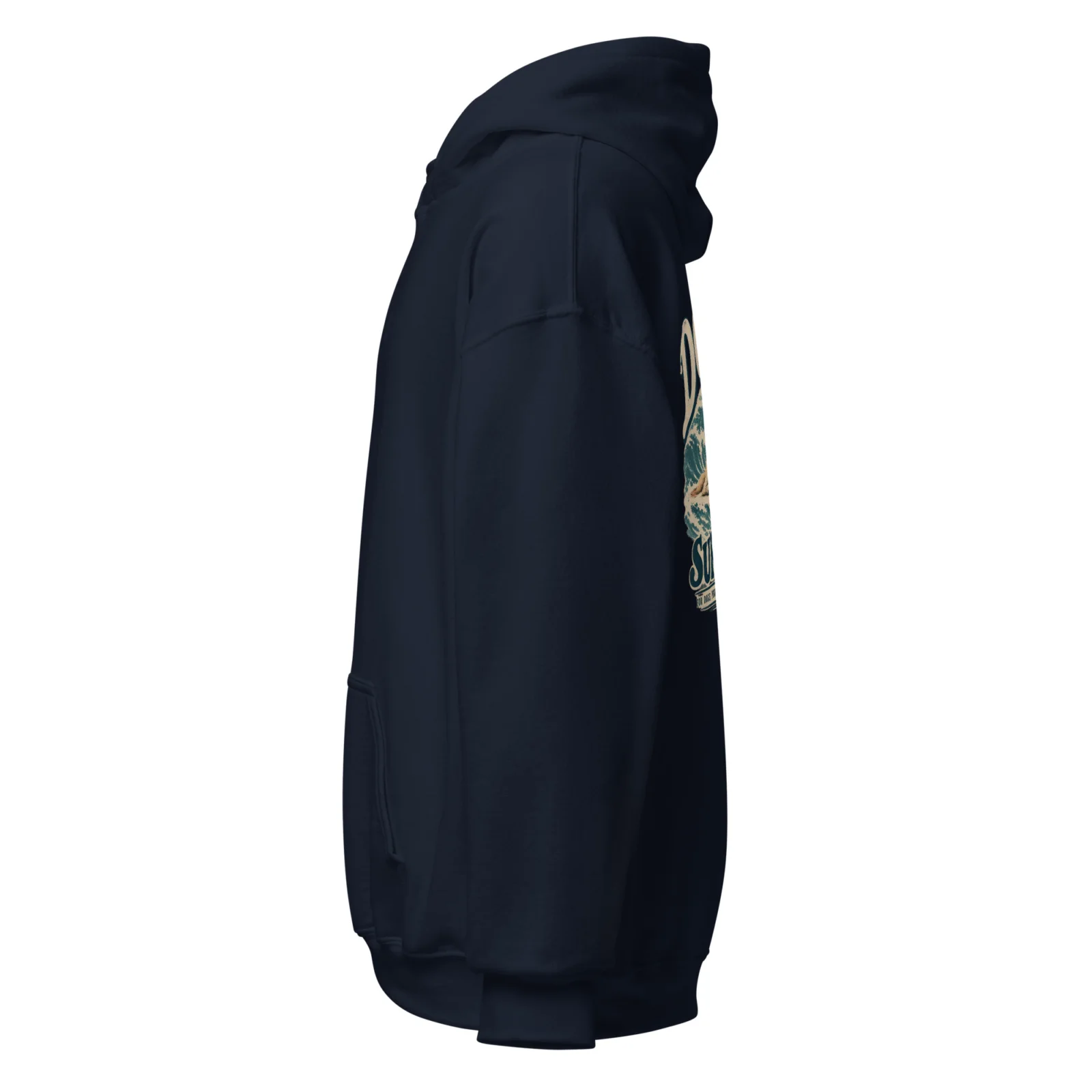 Marinblå hoodie med Labrador-design, sedd från sidan – Surf Club