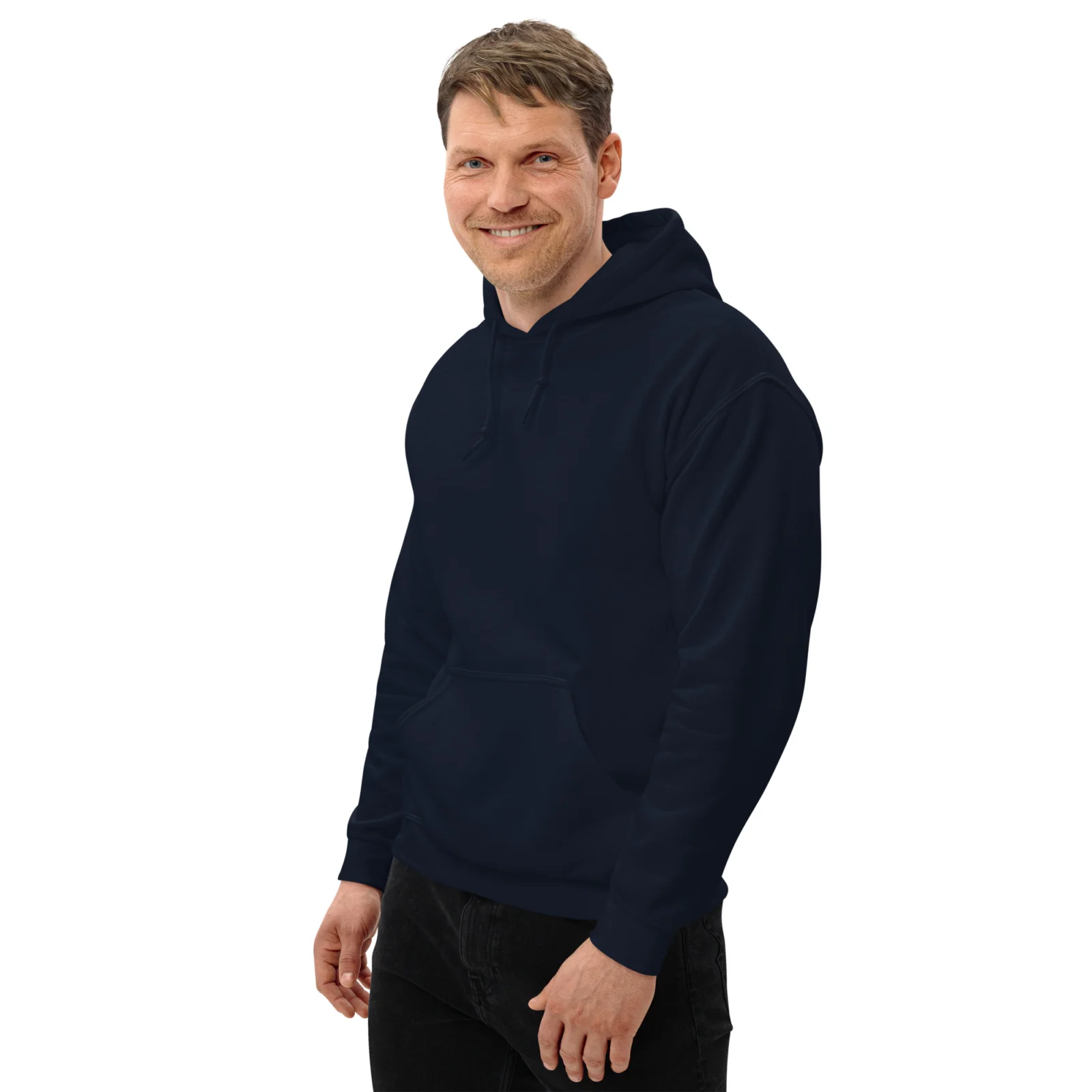 Marinblå hoodie med Labrador-design, sedd snett framifrån – Surf Club