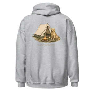 Grå hoodie med Golden Retriever-design, bakifrån – Campfire