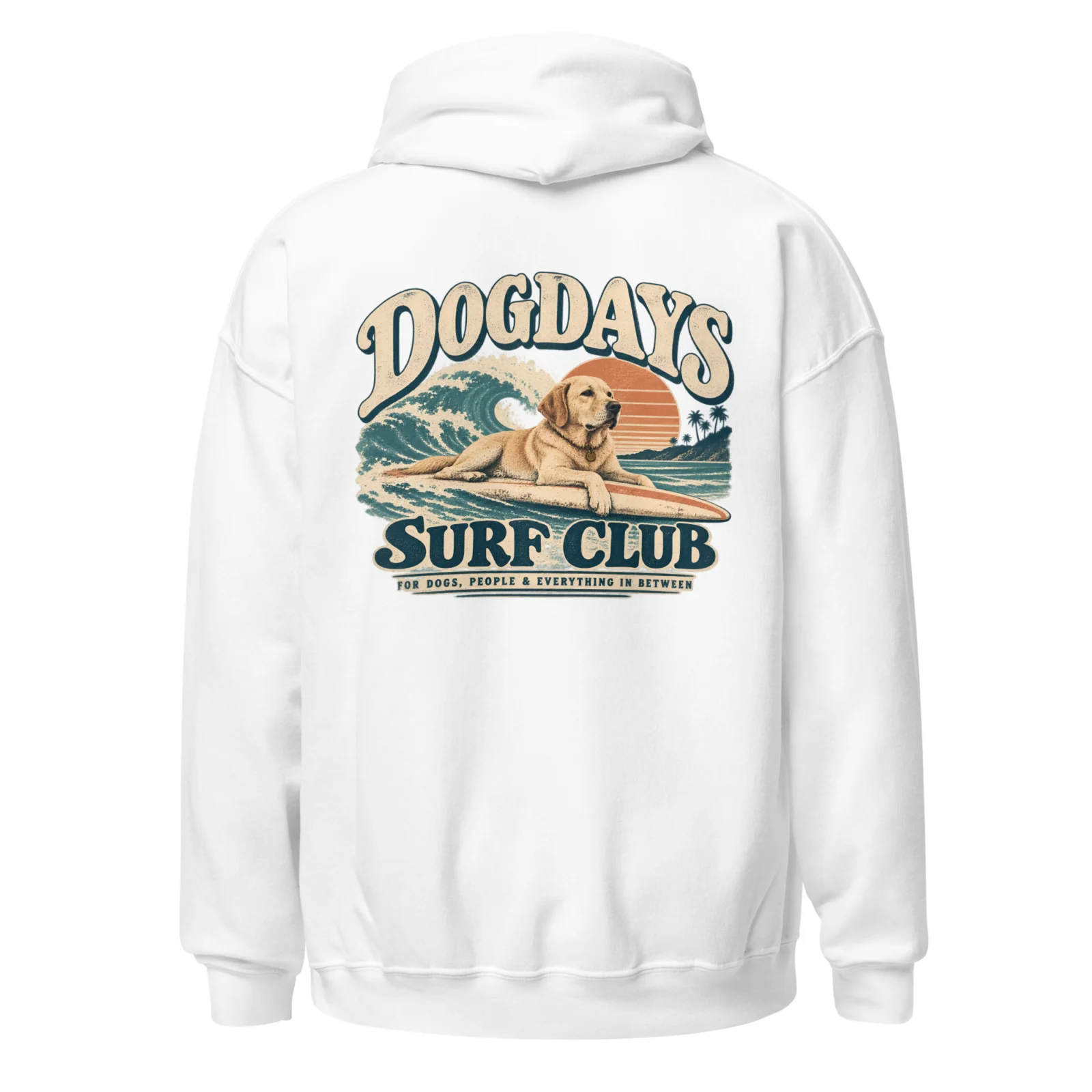 Vit hoodie med Labrador-design, bakifrån – Surf Club