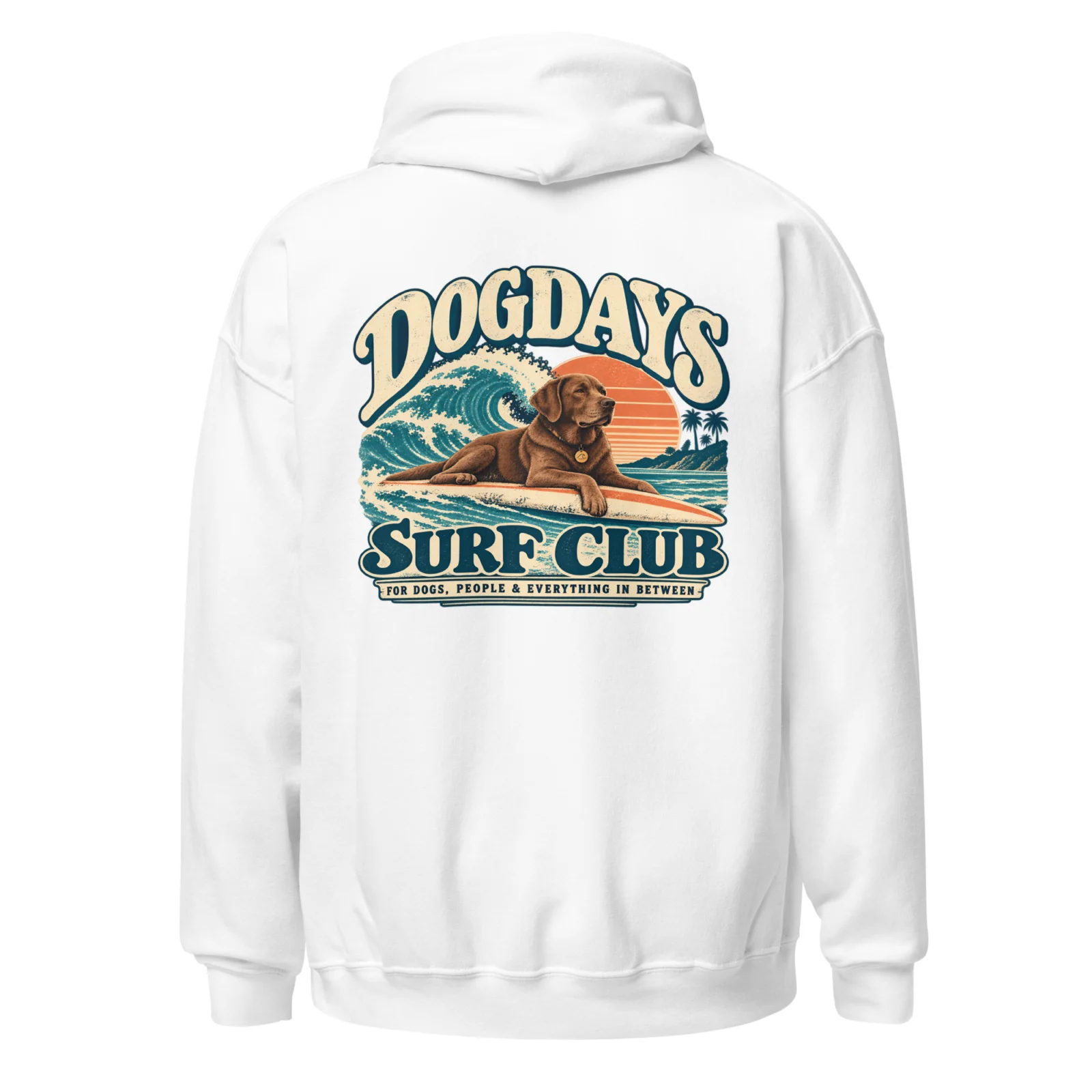 Vit hoodie med Labrador-design, bakifrån – Surf Club
