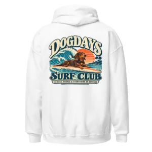Vit hoodie med taxdesign, bakifrån – Surf Club