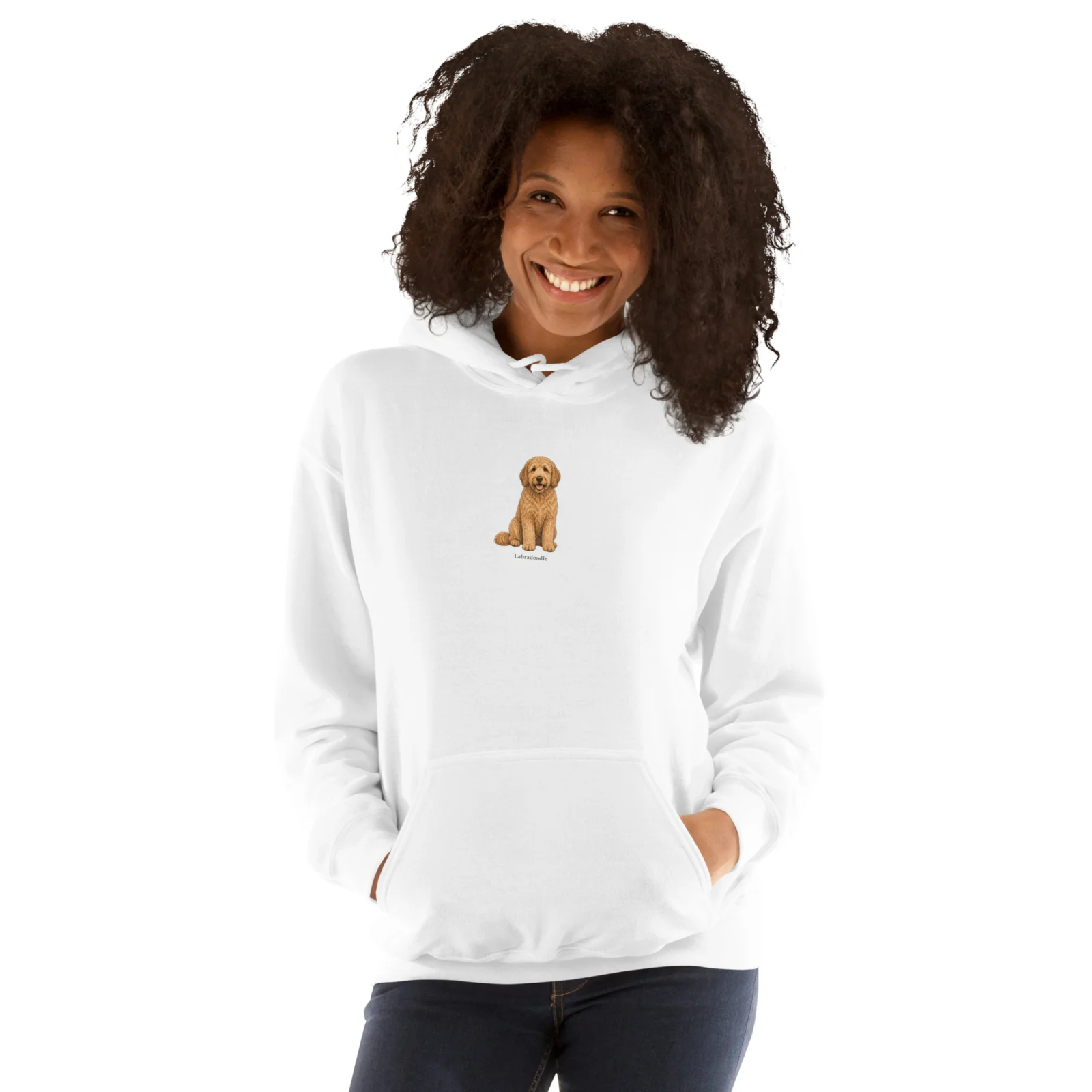 Vit hoodie med Labradoodle-design, framifrån – Ljusbrun Labradoodle